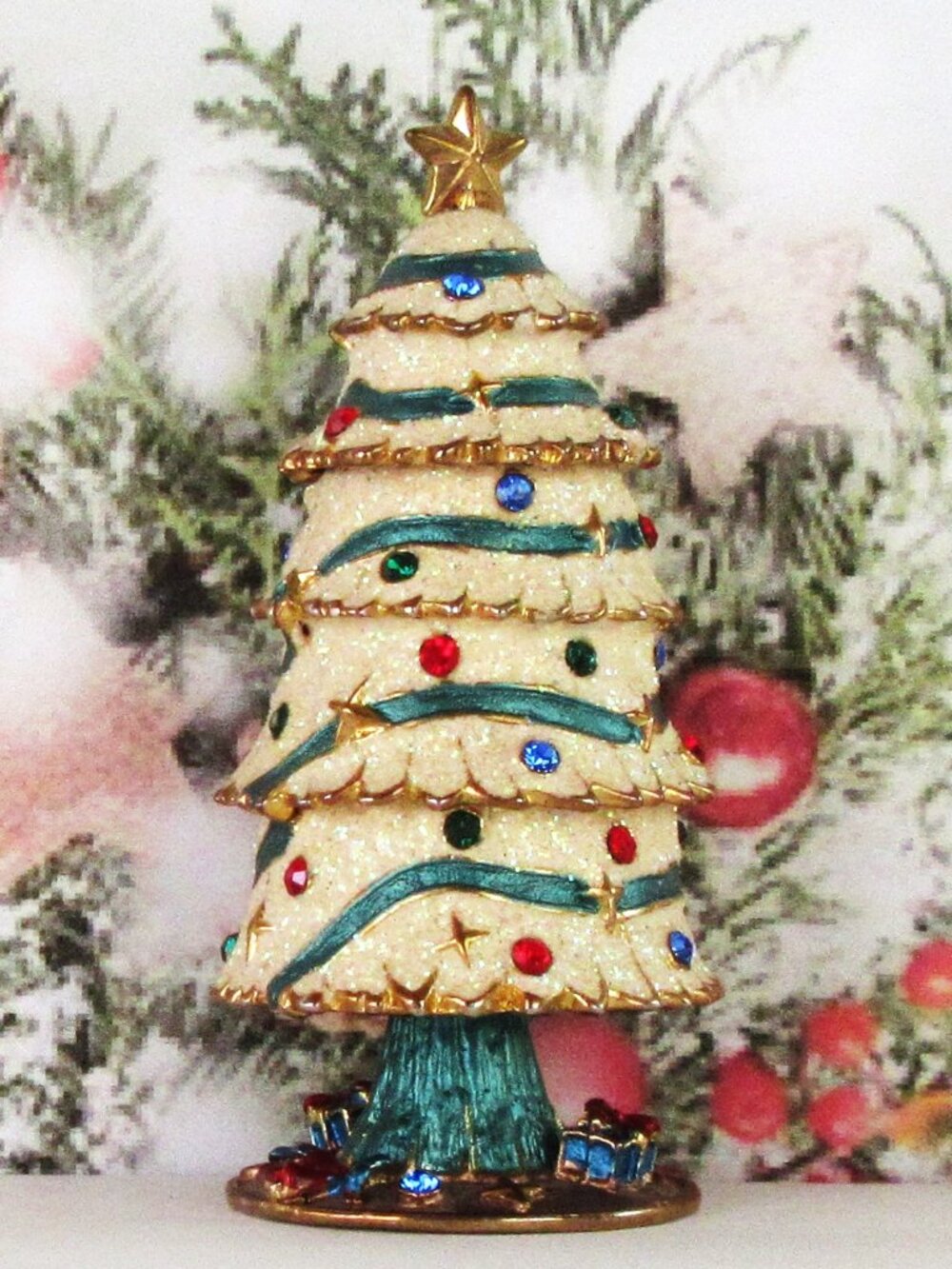 Ceramic Christmas Tree ring box  with rhinestones and glitter - gift box